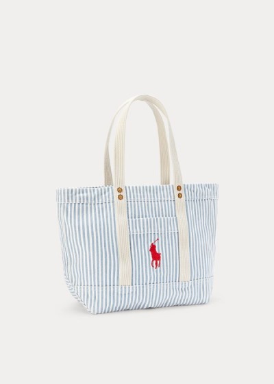 Bolsos De Mano Polo Ralph Lauren Mujer Azules / Blancos - Canvas Striped Medium - INDTZ7529